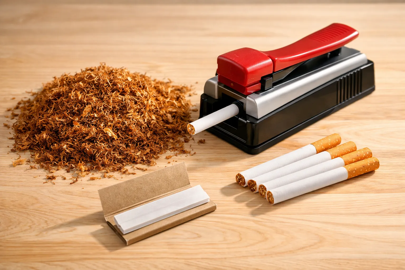 Tabaco Virginia natural en hebras con máquina de entubar y papeles de liar